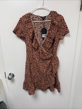 Brave Soul Brown Leopard-Print Ruffle Wrap Mini Dress
